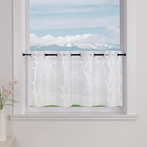 Delien Voile Scheibengardine mit Ösen Bistrogardinen Landhaus für Küche Transparente Kurzstores Modern Gardine »Zweig« Klein Fenster Kurz Vorhang BxH 140x60cm,Weiß