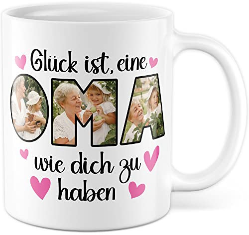 Oma Tasse personalisiert mit Bild, Glück ist eine Oma wie dich zu haben, Geschenk personalisierbar Großmutter Spruch Enkelkinder Geschenkidee Enkel Kaffeetasse (Weiß)
