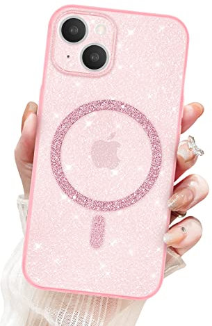 Newseego Custodia per iPhone 14 Glitter Trasparente Ragazze Donne[Compatibile con MagSafe], Cover Magnetica Telefono Scintillante Antiurto Protezione Fotocamera Cover iPhone 14-Rosa