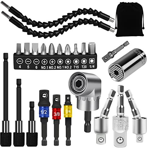 24pcs Flexible Drill Bit Extension Set, Hex Shank 105° Right Angle Drill Attachmen, Rotatable Joint Socket 1/4 3/8 1/2 In Hex Socket Adapter Bendable Drill-Bit-Extension Screwdriver Bit Kit (Black)