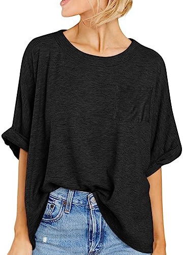 Famulily Ladies Oversized T Shirt Short Sleeve Loose Casual Basic Tshirts Summer Tee Tops Black L