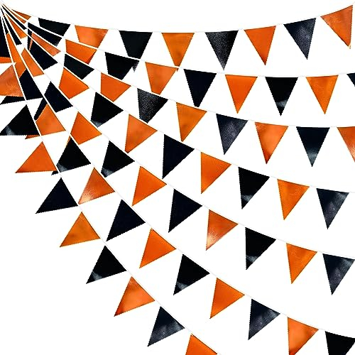 Schwarz Orange Party Dekoration Metallic Stoff Dreieck Wimpel Banner Flagge Wimpelkette Girlande für Abschlussfeier Halloween Herbst Herbst Erntedankfest Geburtstag Hochzeit Babyparty Brautdusche