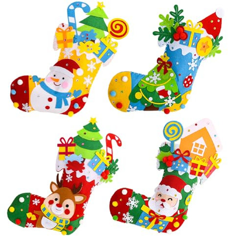4Stück Weihnachtsstrumpf Bastelset Nähen Filz Handwerk für Kinder,Weihnachtsbaum Weihnachtsmann Rentier Schneemann Weihnachtsstrümpfe Set DIY Filz Nähset für Mädchen Jungen