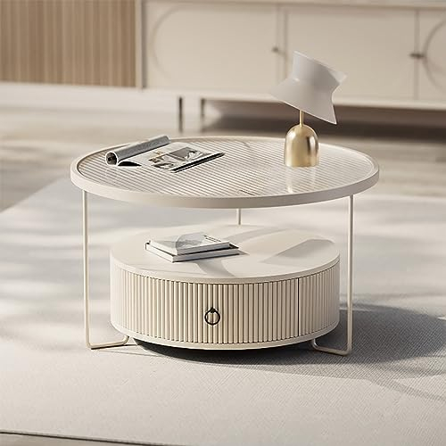 Couchtisch Rund Skandinavischer Stil Sofatisch Glass Mit Schubladen Und Ablagen Couchtisch Modern Mit Marmor Furnier Beistelltisch Klein Mit Stabilem Metallgestell Einfache Aufbau(Cremeweiß) ( Color :