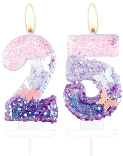 Schmetterling Zahl 25 Kerzen für Kuchen - Geburtstag Topper Mädchen Dekorationen Lila Rosa - Geburtstagskerzen