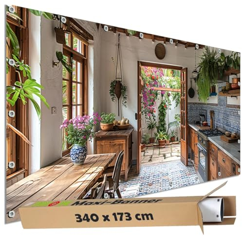 TRIOSK Sichtschutz Garten Dekoration Plane groß mit Motiv Landhaus Küche Mediterran Motivbanner Blickdicht für Terrasse Zaun Gartenzaun Gartenposter PVC Zaunblende 340x173 cm