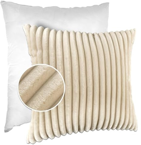 Dekokissen Kissenbezug Sofakissen Pillow Plüsch Kuschelkissen Zierkissen Cord Kissen Couchkissen Kord Kissenhülle ultraweich gestreift Lilli 60x60cm mit Füllung Creme