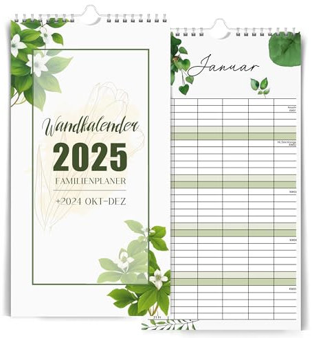 DMHSGIFT Familienplaner 2025 Wandkalender 5 Spalten,Okt-Dez 2024 Familienkalender und 2025 Kalender 23x43cm,Pflanzen Wandplaner mit Sticker,Schulferie