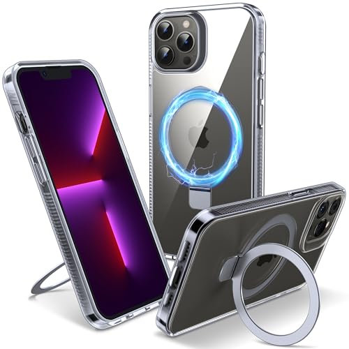 Flyzoo Cover Magnetica per iPhone 13 Pro con Supporto Stand ad Anello, [Protezione Antilngiallimento & Antiurto] Custodia Trasparente Posteriore Hard PC Case con Silicone Bordo, 6.1'', Clear