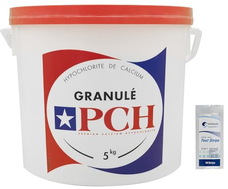 Ocedis PCH Granulat – 5 kg | Schockchlor, nicht stabilisiert – Schockdesinfektion – Calciumhypochlorit mit schneller Auflösung + 10 HP-Tests 6 in 1