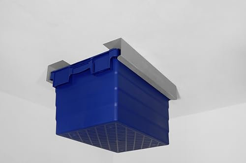 DECKENLAGERBOX 60 Liter, Aufbewahrung an der Decke, Made in Germany, 60x40x32cm, stabile Plastikbox, Aufbewahrungsbox blau, bis zu 25 kg, inkl. Befestigungsmaterial, 2 Halterungen aus Metall