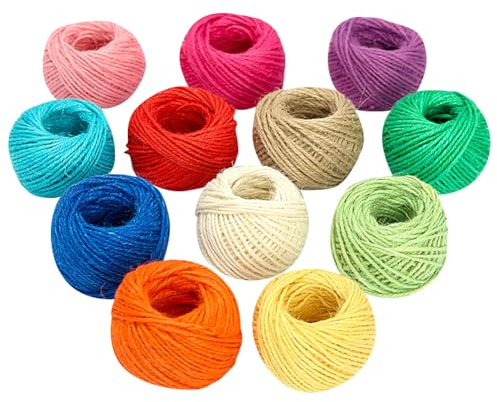 Lot de 12 rouleaux de ficelle de jute colorée à 3 plis - 2 mm x 25 m - Ficelle décorative pour emballage cadeau - Ficelle de chanvre fine pour accrocher des photos et des plantes