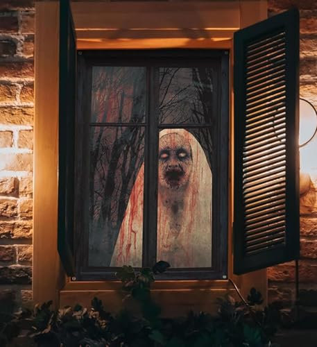 Hoclauho Halloween Fensterdeko, Gruselige Fensterbilder für die Haustür, Horror Dekoration für Garten und Halloween-Feiern Spukhaus Deko Fensterdeko (P, 80 * 120)