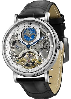 TIME100 Herren Automatikuhr Selbstaufzug Mechanische Uhr Echtes Lederband Skelett Uhren für Männer, Stahlgrau/Schwarz, Skelett