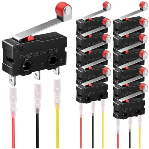 MKBKLLJY 12St. Mikro-Endschalter 5A 125V 250V AC SPDT 1NO 1NC 3polig 19mm kurzer Scharnier-Rollenhebel-Schalter mit Rastfunktion und Klemmen für Elektronikprodukte Haushaltsgerät