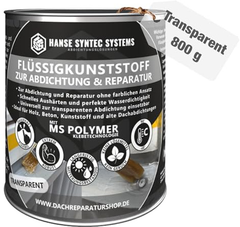 HSS Flüssigkunststoff für Abdichtung & Reparatur – UV- & witterungsbeständig – MS-Polymer – lösungsmittel- & bitumenfrei – Transparent – 800 g für ca. 2,2m²