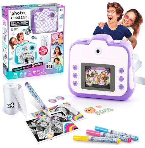 Canal Toys - Photo Creator - Cámara instantánea, Color púrpura, con Pantalla a Color, Rollos de Papel, Pegatinas, rotuladores y Correa de Mano - CLK 056