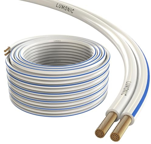 Lumonic Cavi per altoparlanti | 10m Bianco | 2x 4mm² CCA | Marcatura blu Cavo per diffusori HiFi | Linea audio doppia