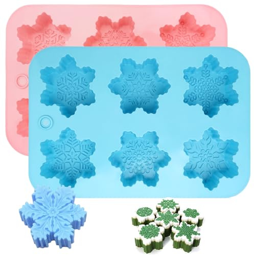 2 Stück Silikonform Schneeflocke, Seifenformen Silikon Weihnachten, Silikon Weihnachten Schneeflocken Kuchenformen, 6 Hohlräume, für Handgefertigte Seife, Kerzen, Backen, Dessert (Blau/Rosa)
