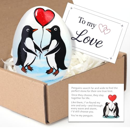 Penguin Love Stone Gift, Hand Painted Natural Pebble with “to My Love” and Penguin Story Card, Romantic Valentines or Anniversary Present for Boyfriend, Girlfriend, Husband, Wife
