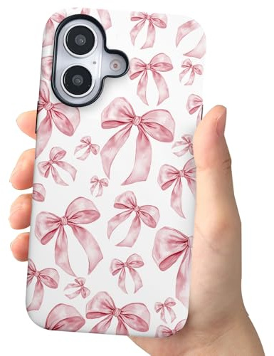 ECZOIL Compatible for iPhone16 Case,Cute Aesthetic Trendy Bow Pattern,Shockproof Hybrid Hard Back Phone Cover for Women-Pink Bow