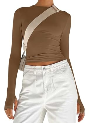 Women's Basic Long Sleeve Slim Fit Crop T Shirt Top Y2K Tops TikTok Crop Top Club Party E-Girls Streetwear(Brown-b,M)