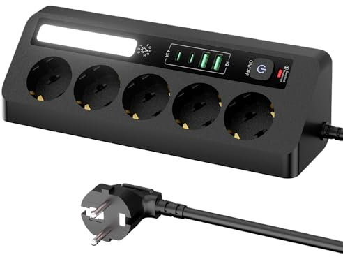 Behogan Multiprise d'angle : multiprise 5 prises avec 2 USB A et 2 Type-C, multiprise d'angle avec interrupteur, rallonge de 2 m pour bureau, coins - Noir