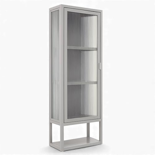 osoltus Vitrine Riffelglas Metall | Schrank Glasvitrine Industriedesign | Cube Black Series | gehärtetes Glas | Wohnzimmer- Küchenschrank (Wandregal hellgrau)