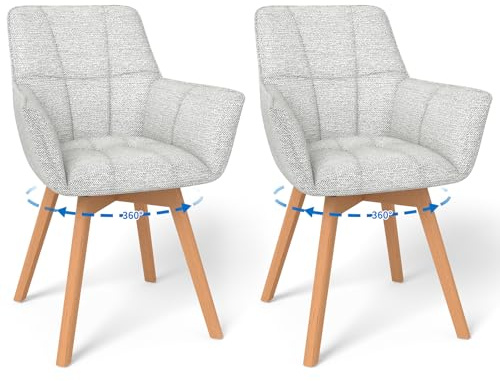 WAFTING 2er Set 360° Drehbare Esszimmerstühle mit Armlehnen und Holzbeinen | Drehbar Stühle, Moderner Küchenstuhl aus Samtstoff, Polsterstuhl für Esszimmer, Wohnzimmer, Küche, Schlafzimmer, Hellgrau