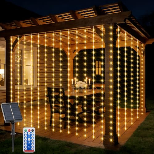 Solar Curtain Lights 2M x 2M 200 LED Curtain Lights with Remote Timer | 8 Modes Curtain Fairy String Lights Solar Powered Outdoor Waterproof for Patio Garden Gazebo Decor (Warm White)