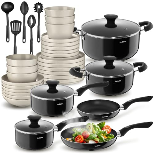 tectake® Küchenstarterset 6 Personen, Steingut Geschirr Set, Teller, 4 Töpfe 2 Pfannen rostfreies Aluminium, Kochtopf Set, Töpfe Set, kratzfest, inkl. 5 Küchenwerkzeuge - schwarz/taupe, 39-tlg. | Glasdeckel mit Dampfablassloch, Spiralböden für Wärmeverteilung, stapelbar und spülmaschinenfest, schwarz/taupe