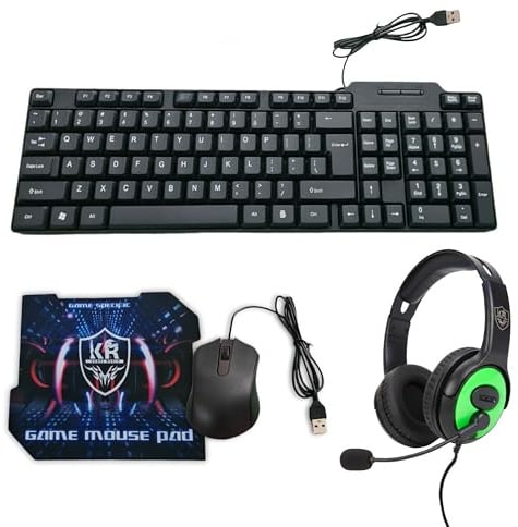 Yasta Kit Gaming K30 4 in 1 Completo: Tastiera Layout Italiano, Mouse Ottico, Cuffie Jack 3.5mm con Microfono e Tappetino, Set Accessori PC, Laptop e Console, Connessione USB Cablato.
