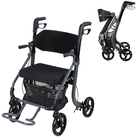 Rollator Walker mit Sitz und Bremsen, faltbares Gehgestell mit Tasche, verstellbare Höhe, leichter Mobilitätslaufer, 8 Zoll All Terrain Räder für Indoor Outdoor (Schwarz)