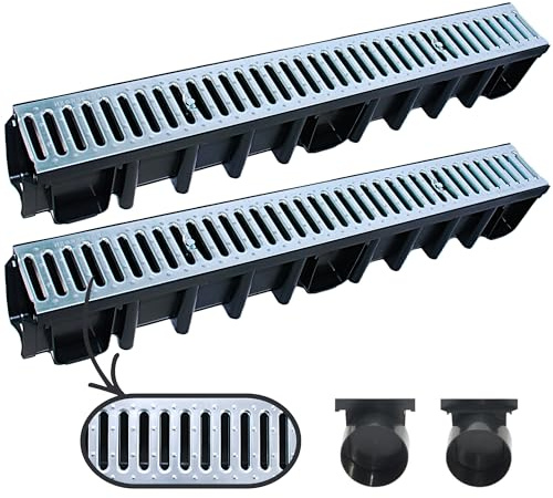 Megaa store 2m Entwässerungsrinne 148 mm – Komplettset A15 Kunststoffrinne Schwarz/Grau/Verzinkt Verschiedene Rostmuster Drainagerinne Bodenrinne (2 Meter, Stahlrost VERZINKT)