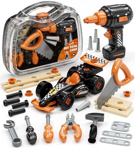Lehoo Castle Kids Tool Set with Toy Drill & Take Apart Race Car | STEM Construction Toys with Portable Tool Box, DIY Build Your Own Car Learning Gift for 2-5 Year Old Boys Girls