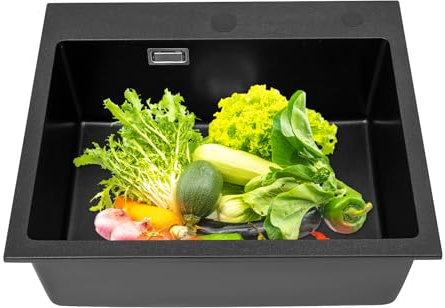 Lavello da cucina in pietra di quarzo, 55 x 45 cm, colore nero/bianco, rettangolare, in granito, da incasso, con cestello di scarico e tubo, moderno, per cucina e bagno (nero)