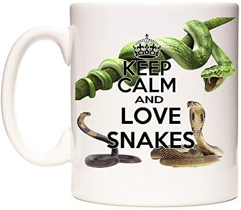 KAZMUGZ Snake Mug, Keep Calm Love Snakes. 11oz Ceramic Mug with Snake Images Printed Both Sides. Gift for Snake Keepers.