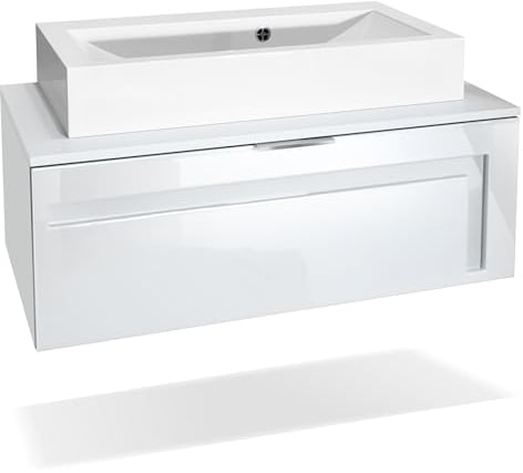 Vladon Waschtisch Waschbecken Unterschrank Aloha V2, Made in Germany, Korpus in Weiß matt/Fronten in Weiß Hochglanz mit Absetzungen in Weiß Hochglanz, mit Aufsatzwaschbecken