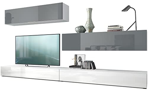 Vladon Wohnwand Nublo, Made in Germany, Anbauwand mit Rückwand mit 2 Klappen und 2 Sockelelementen, Korpus Weiß matt, Fronten Weiß Hochglanz und Grau Hochglanz (280 x 147 x 39 cm)