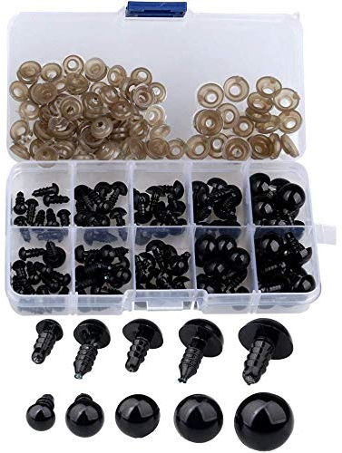 Byou Kunststoff Sicherheitaugen,DIY Augen 142 stück 6-12 mm Schwarze Tieraugen mit Unterlegscheiben im Aufbewahrungskiste für Teddy Bär Puppe Puppe und Handwerk