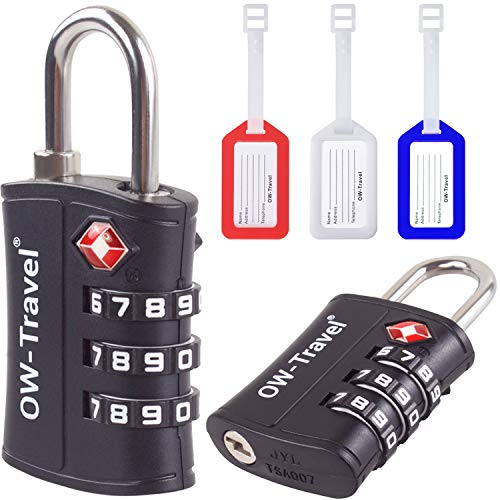 OW-Travel Candado maleta TSA+3 Etiquetas de equipaje. Candado ABS numerico. Candado Combinacion Taquilla. Candados para mochilas maletas. Candado Taquilla Gimnasio. Candado seguridad equipaje Negro 2