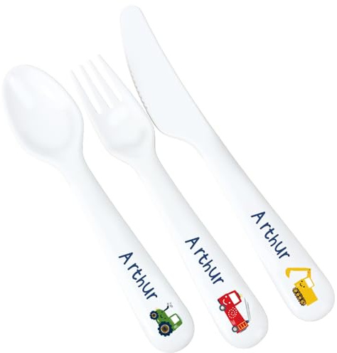 Personalised Children's Plastic Reusable Cutlery Set of 3 Items with A Vehicle Theme Presented in A Gift Bag.