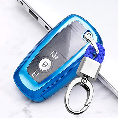 ontto Coque de clé de Voiture Intelligente pour Ford Focus Ecosport Fusion Mondeo Mustang F-150 Edge Focus 2 3 MK4 2017-2020 TPU Étui de Protection avec Porte-clé Bleu