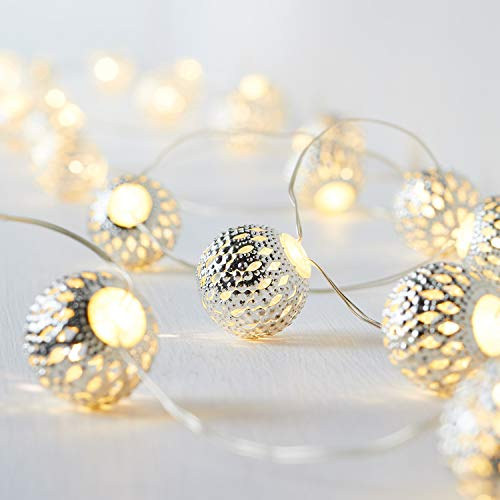 Lights4fun 20er Micro LED Lichterkette warmweiß Marokkanische Lichterkette innen batteriebetrieben Timer Lichterkette Kugeln Marokkanisch Zimmer Deko Orientalisch