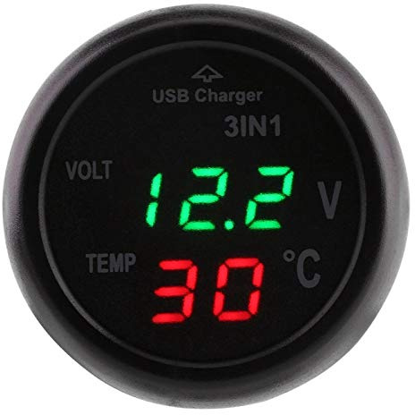KIMISS Digital Voltage Temperature Monitor Tester, PKW 3in1 Dual LED Display Voltmeter Thermometer Zigarettenanzünder USB Autoladegerät für 12V-24V PKW SUV LKW(Grün + Rot)
