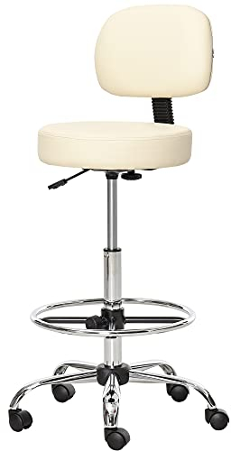 HOMCOM Barhocker Drehstuhl Höheverstellbarer Barstuhl mit Rollen aus Kunstleder-Leder Arbeitshocker Bürohocker 360° schwenkbar mit Lehne Gepolstertet Beige 56 x 57 x 104-127 cm