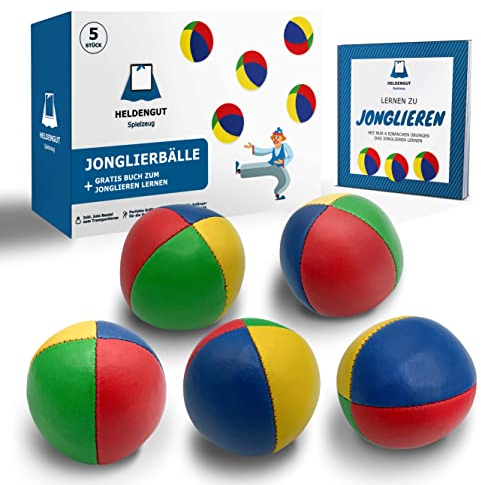 HELDENGUT Balles de Jonglage 5 Pièces – Set Balle en Mousse Beanbag – Jeu Enfant et Adulte – Balle Anti Stress Durable avec Livre – Kit Débutant
