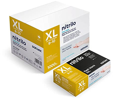 Santex Guantes de nitrilo sin polvo negro extra fuerte | Gama Nitrilo Flash Black | Guantes desechables de un solo uso | Libre de látex | Caja de 100 unidades | Talla XL