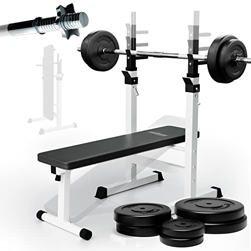 Physionics® Hantelbank mit Langhantelset-Ablage,40/70/100kg Gewichten, Dip Station,bis 200kg,Klappbar, Höhenverstellbar, 140/165cm-Multifunktion Trainingsbank, Flachbank (70 kg Gewichte + Langhantel)