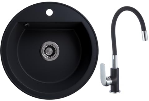 Rein Schwarz LINDBERGH® Granit Spüle mit Armatur TON44 + 1-Tubo + Siphon Einbauspüle Küchenspüle Spülbecken + DREHEXCENTER - Verbundstoffe MADE IN GERMANY (3. Spüle TON44 + Armatur 1-Tubo)